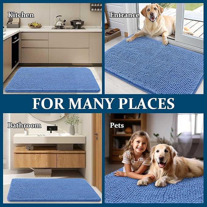 OLANLY Dog Door Mat for Muddy Paws 44x32, Absorbs Moisture and Dirt, Absorbent Non-Slip Washable Doormat, Quick Dry Chenille Mud Mat, Entry Indoor Entryway Carpet for Inside Floor, Cornflower Blue