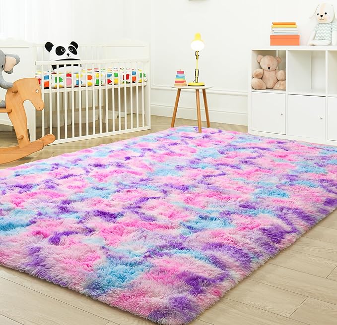 Tepook Soft Rainbow Rug for Girls Room 6x9 Feet, Cute Fluffy Girls Bedroom Area Rug, Shaggy Princess Rug Colorful Carpet for Kids Teens Toddler Playroom Nursery Reading Nook, Hot Pink