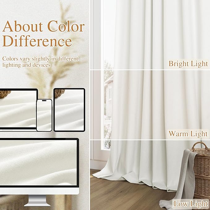 Guken Ivory 100% Blackout Curtains 132 Inch Length 2 Panels Set for Living Room Bedroom Back Tab Thermal Insulated Black Out Linen Drapes Room Darkening Window Curtains