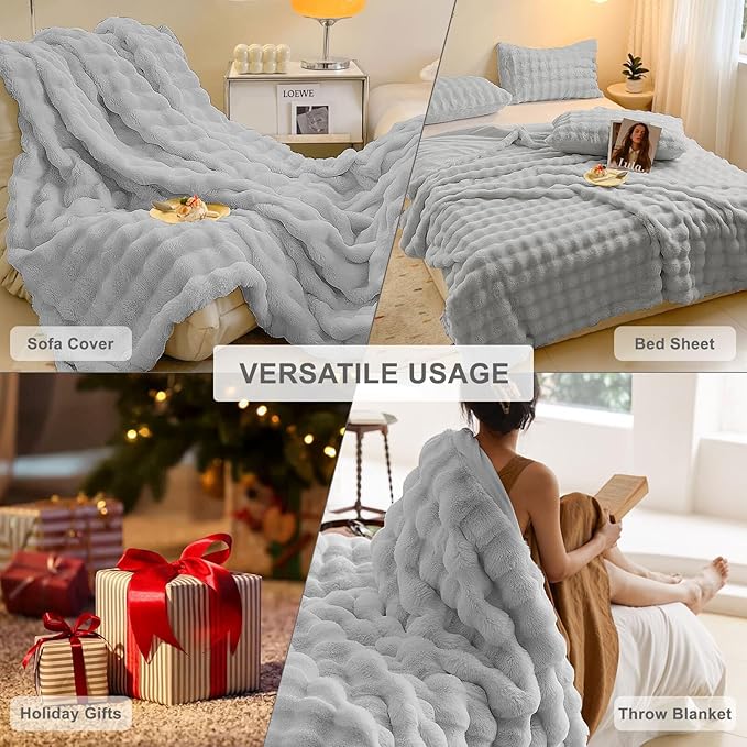 HANDONTIME Grey Plush Sofa Covers Washable Rabbit Plush Couch Cover Soft Cozy Faux Fur Couch Protector for Dogs Fluffy Plush L Shaped Sofa Cover Pet Friendly Couch Protector Furniture, 71" X134"