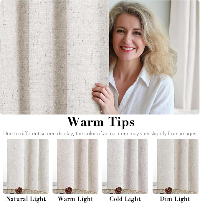 H.VERSAILTEX Linen Curtains 100% Blackout Curtains for Bedroom 102 inch Long Full Light Blocking Nature Linen Blended Window Curtains for Living Room Nickel Grommet (2 Panels, Ivory)
