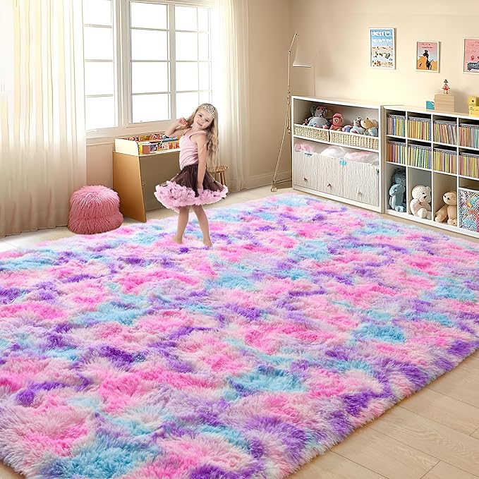 Tepook Soft Rainbow Rug for Girls Room, Cute Fluffy Girls Bedroom Rugs, 4x6 Feet Shaggy Princess Rug Colorful Carpet for Kids Teens Toddler Playroom Nursery Reading Nook, Hot Pink