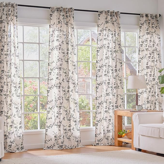 Lazzzy Black Floral Linen Curtains 84 Inch Farmhouse Back Tab Drapes for Living Room Bedroom Light Filtering Vintage Grandmillennial Rod Pocket Curtains, 2 Panels, W38 x L84, Black on Beige