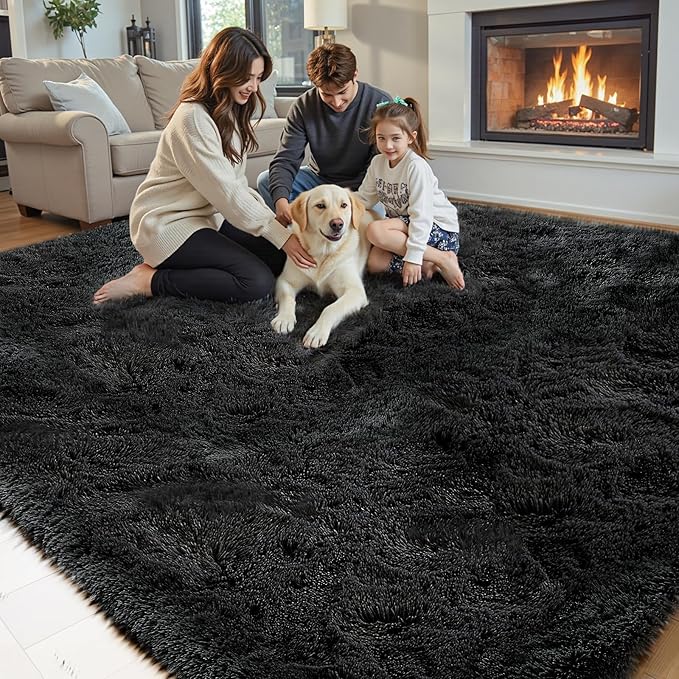 Area Rugs 10x14 Living Room, Shaggy Carpet Soft Plush Furry Bedside Rug Large Area Rugs for Bedroom Kids Girls Boys Home Decor Anti Slip(10 x 14, Black)