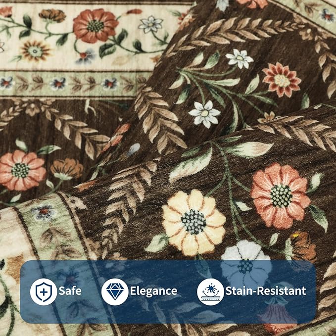 Washable Kitchen Rugs Non Slip 2x6 Hallway Runner Rug Stain Resistant Low Pile Floral Floor Rug with Rubber Backing Non Shedding Runners for Indoor Entryway Bedside Bedroom Farmhouse RV Brown Natural