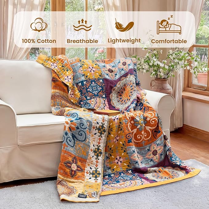 MSGKV Boho Throw Blanket for Couch 50"x60" 100% Cotton Blanket Spring Breathable Lightweight Blankets for Sofa Home Decor Muslin All Seasons