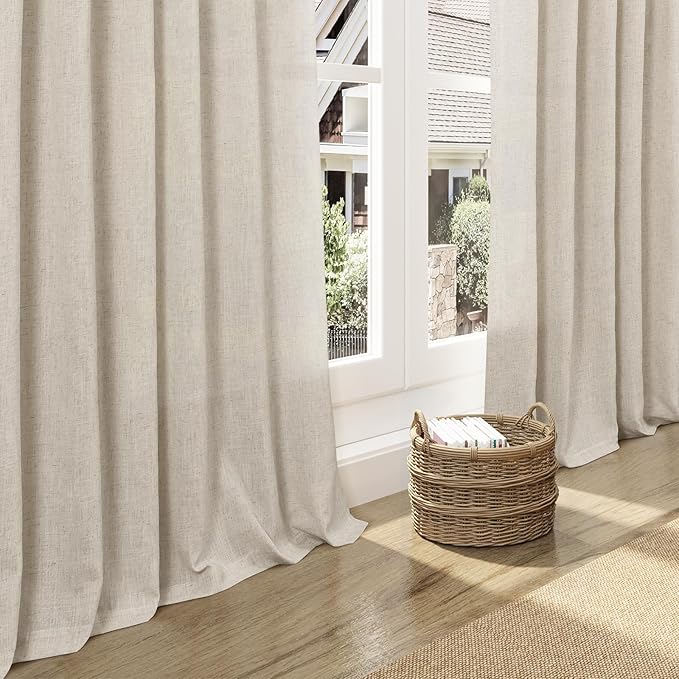 Boho Linen Curtains 132 Inch Length for Living Room Light Filtering Semi Sheer Curtain Back Tab Boho Eclectic Home Decor Farmhouse Drapes Floor to Ceiling High Window for Bedroom 52x132, 2 Panels