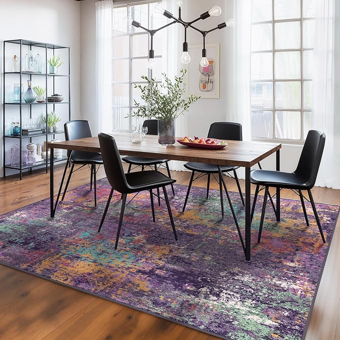 Washable Area Rugs 9'x12' Non-Slip Modern Abstract Soft for Living Room Entryway Bedroom Nursery, Print Pattern, Purple Orange Blue Green Rust Red Colorful