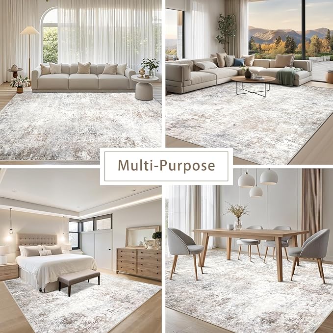 Washable Rugs 5x7 Area Rugs for Living Room,Modern Abstract Rugs for Bedroom,Large Carpets,Ultra Soft Faux Wool Retro Dining Room Rug,Non Slip&Non-Shedding Low Pile Print Rug- Beige Grey