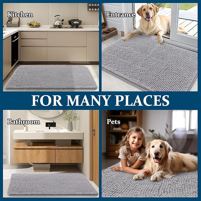 OLANLY Dog Door Mat for Muddy Paws 54x32, Absorbs Moisture and Dirt, Absorbent Non-Slip Washable Doormat, Quick Dry Chenille Mud Mat for Dogs, Entry Indoor Entryway Carpet for Inside Floor, Light Grey