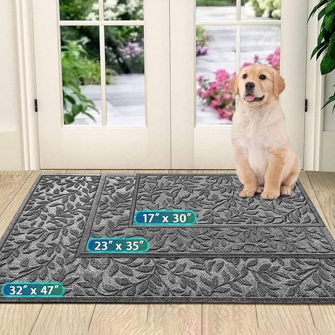 Bulijojo Sturdy Front Entrance Doormats,Durable Heavy Duty Welcome Mat,Thick Absorbent Natural Rubber Non Slip Mat,Easy Clean Entryway Mat 17x30 Inch Leaves Grey