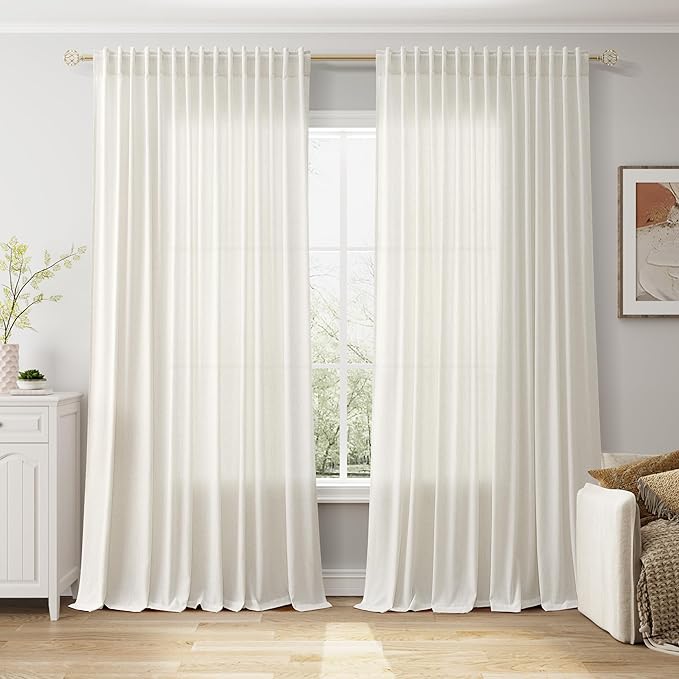 Nanspring Cream Extra Wide Linen Curtains for Living Room Light Filtering Semi Sheer Curtains for Sliding Door Natural Coastal Decor Sunroom Floor to Ceiling Window Curtain 2 Panels Set 100x102