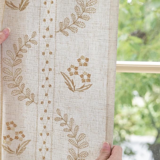 jinchan Belrose Linen Curtains for Bedroom Floral Curtains 63 Inch Length Linen Blend Beige Embroidered Drapes Farmhouse Flower Patterned Drapes for Living Room Window Treatments Set 2 Panels