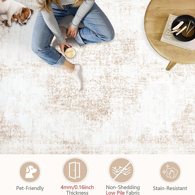 Area Rug 10x14 Vintage Rugs: Large Washable Living Room Rug Retro Medallion Distressed Soft Low Pile Non-Slip Rugs Indoor Floor Carpet for Bedroom Nursery Dining Table Office (Beige,10'x14')