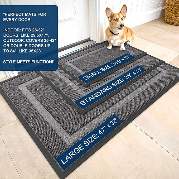 OLANLY Front Door Mat Indoor Outdoor Entrance, Waterproof All-Season, All-Weather Doormat, Sturdy Natural Rubber, Fade Resistant, Low Profile, Easy Clean Patio Porch Entryway Mat, 71x47, Dark Grey
