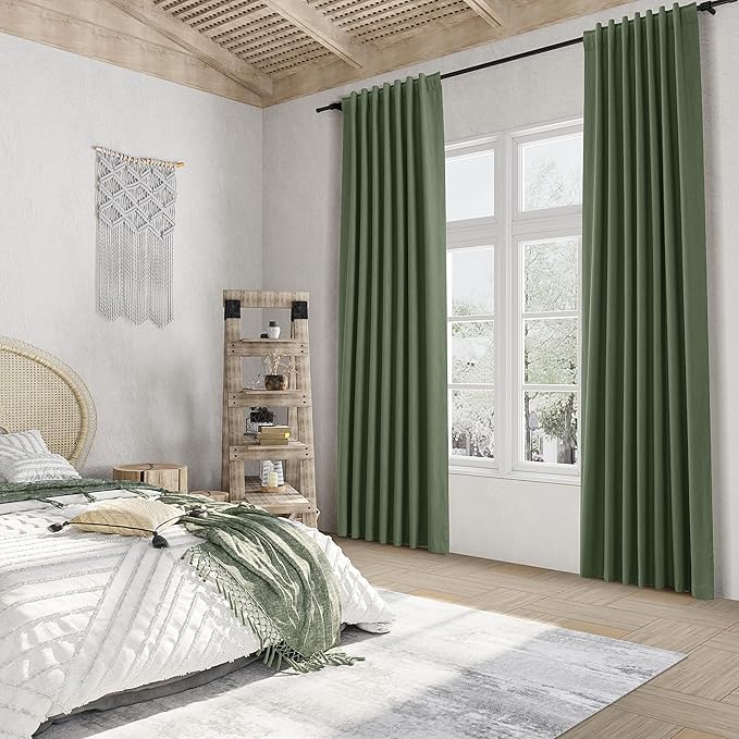 Guken Olive Green 100% Blackout Curtains 102 Inch Length 2 Panels Set for Living Room Bedroom Back Tab Thermal Insulated Black Out Linen Drapes Room Darkening Window Curtains,52x102