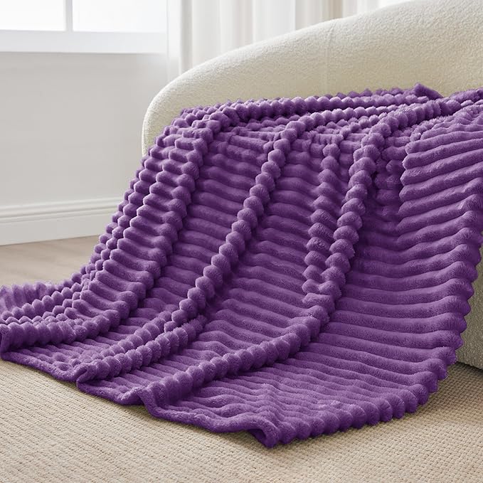 BEDELITE Twin Blanket for Couch & Bed, 300GSM Soft & Warm Fleece Blanket, Decorative and Giftable Striped Purple Blankets for Women, Men, 60"x80"