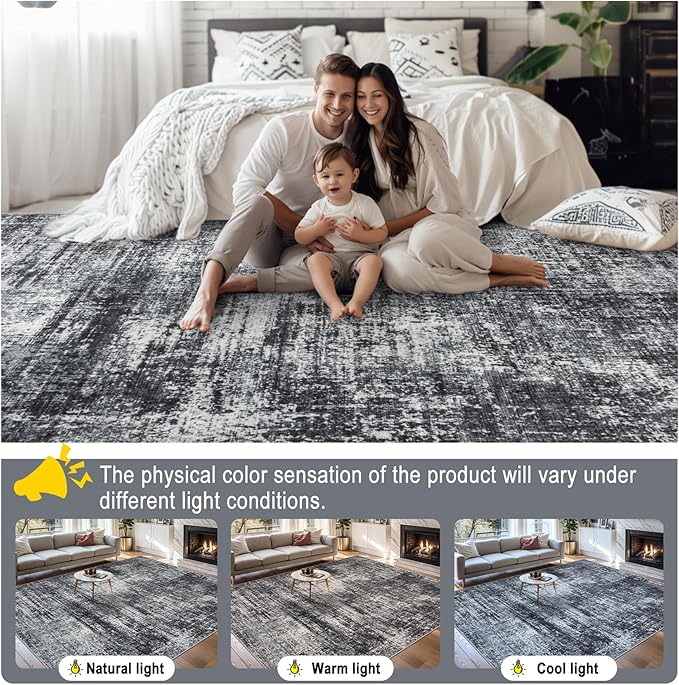 Area Rugs 10x12 Living Room - Washable Rug Modern Abstract Soft Large Neutral Non-Slip Carpet Indoor Floor Thin Carpets for Bedroom Dining Room Farmhouse Nursery Home Office Dark Black