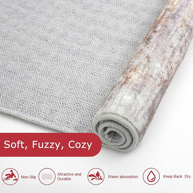 KOZYFLY Modern Abstract Washable Rug Runner 2x7 Hallway Runner Rug Non-Slip Soft Kitchen Runner Rugs, Print Multi Grey/Orange Striped Carpet Runner for Entryway Bathroom