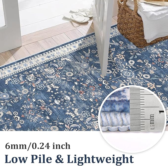 Yamaziot Washable Runner Rug 2x6 – Non Slip Boho Floral Hallway Runner Rug with Rubber Backing, Low Pile Faux Wool Distressed Carpet for Kitchen, Laundry, Bedroom, Entrance, Blue