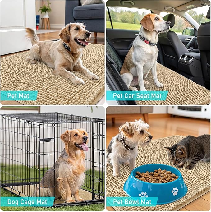 OLANLY Dog Door Mat for Muddy Paws 70x32, Absorbs Moisture and Dirt, Absorbent Non-Slip Washable Doormat, Quick Dry Chenille Mud Mat for Dogs, Entry Indoor Entryway Carpet for Inside Floor, Beige