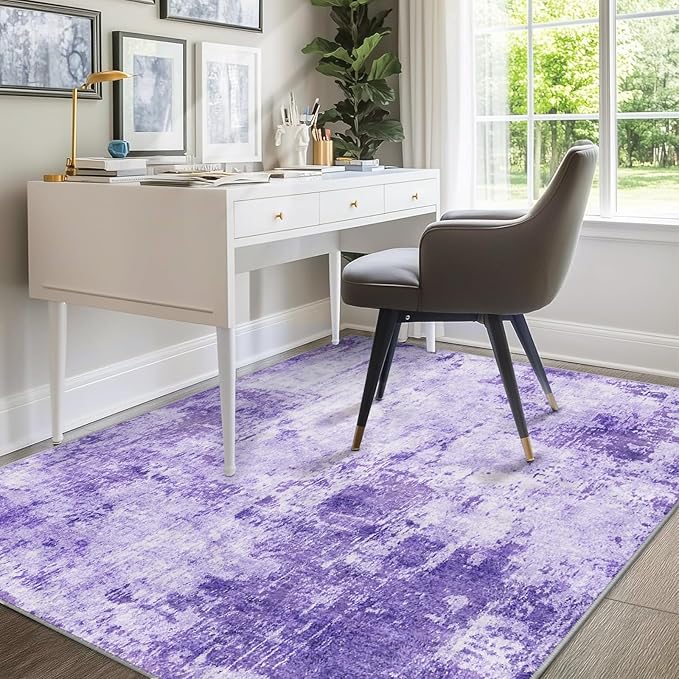 Washable Area Rugs 6'x9' Non-Slip Modern Abstract Soft for Living Room Entryway Bedroom Nursery, Print Pattern, Purple Gray Pink White