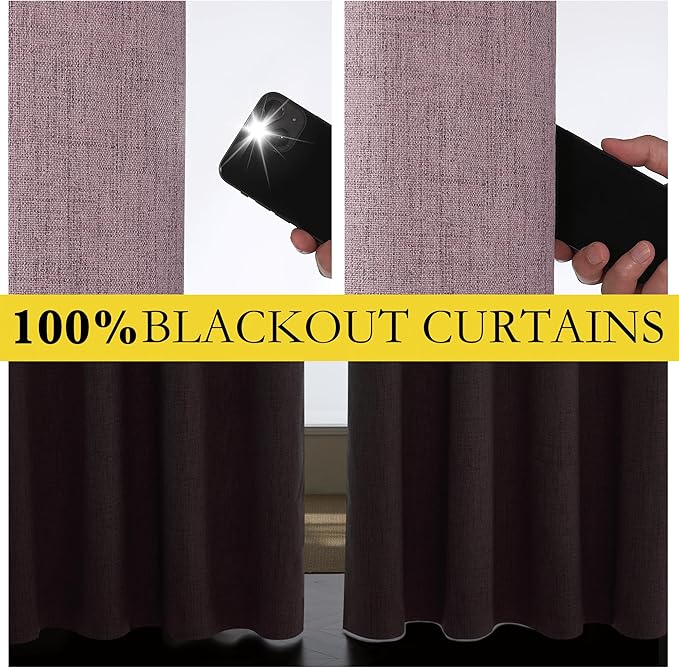 NICETOWN Chaise Mauve Vintage Linen 100% Blackout Curtains for Living Room, Thermal Insulated Curtains 48" Long, Noise Reducing Window Treatment Drapes for Hall Room, 52" Wide Per Panel, Set of 2