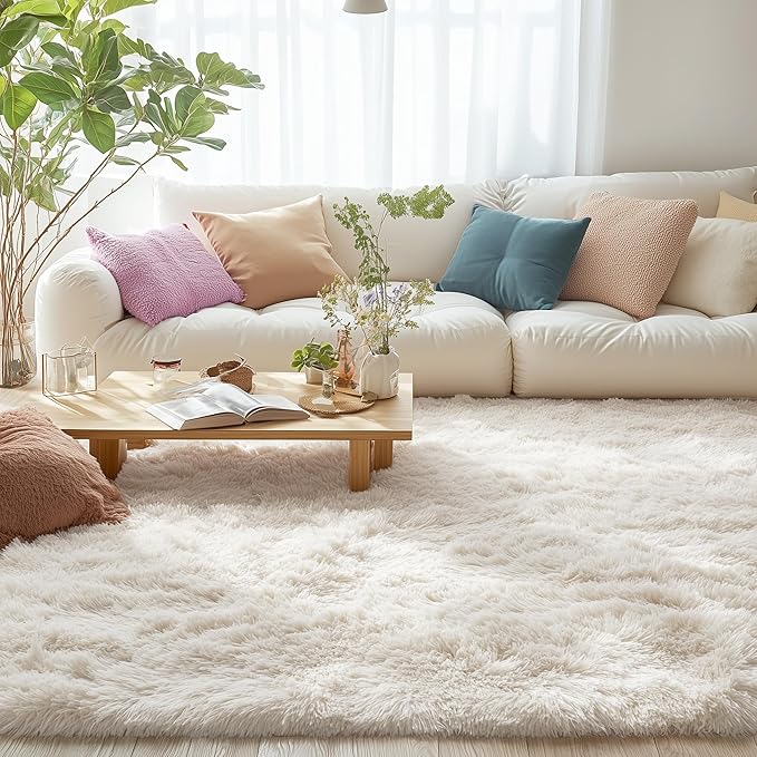 OLANLY 5x7 Machine Washable Large Area Rugs for Living Room, Bedroom, Soft Fluffy Shaggy Bedside Rug, Indoor Floor Carpet for Kids Girls and Boys, Dorms, Nursery, Home Decor Aesthetic, Ivory