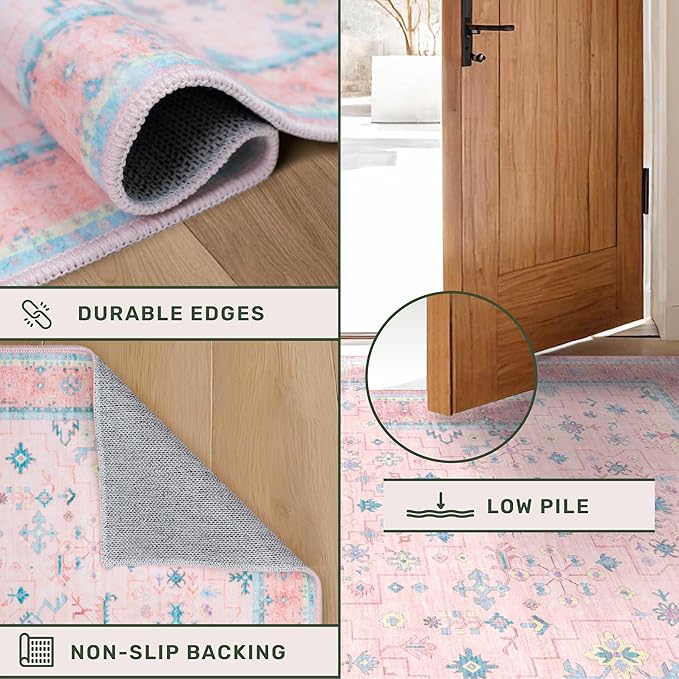Washable Pink and Blue 8x10 Oushak Rugs for Bedroom Girls Dorm Living Room, Modern Floral Aethestic Distressed Design, Soft Faux Wool Low Pile Non Slip Stain Resistance Carpet