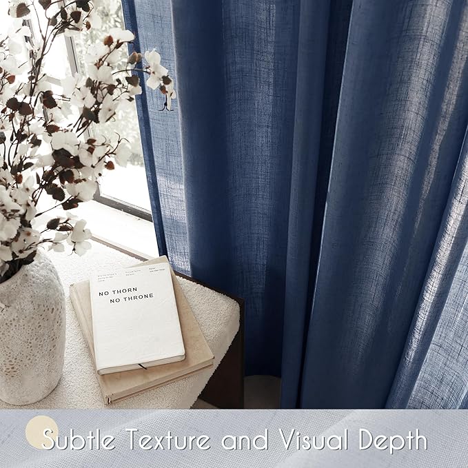 Navy Blue Curtains 84 inch Length for Bedroom Back Tab Light Filtering Semi Sheer Blue Living Room Curtains Linen Cotton Textured Indigo Blue Drapery Panel Modern Aesthetic Decor 60" Wx84 L