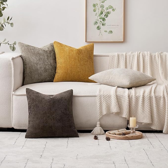MIULEE Pack of 2 Euro Sham Pillow Covers 24x24 Inch Neutral Gold Modern Boho Accent Decorative Throw Pillow Covers Soft Chenille Farmhouse Cushion Covers for Home Decor Couch Bed Sofa Living Room