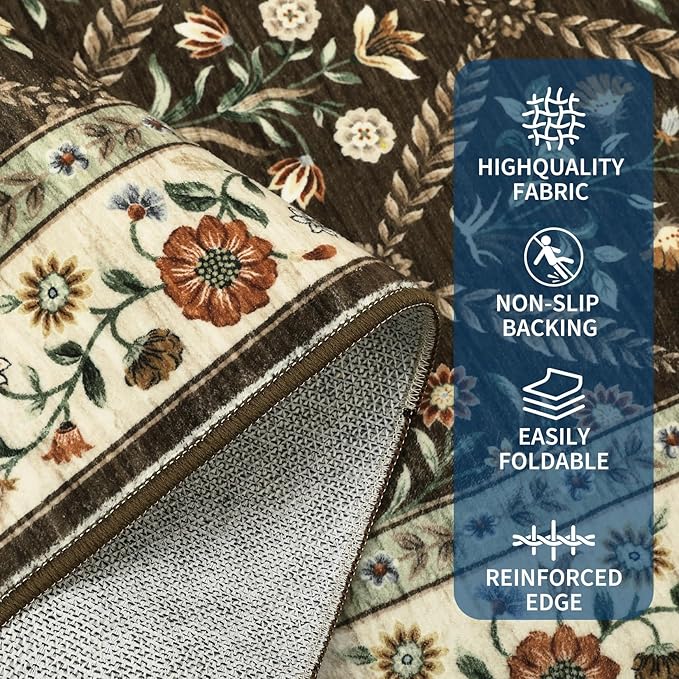 6x9 Machine Washable Area Rugs for Living Room Floral Stain Resistant Soft Carpet Vintage Low Pile Non Slip Non-Shedding Floor Carpet Rugs for Bedroom Nursery Brown