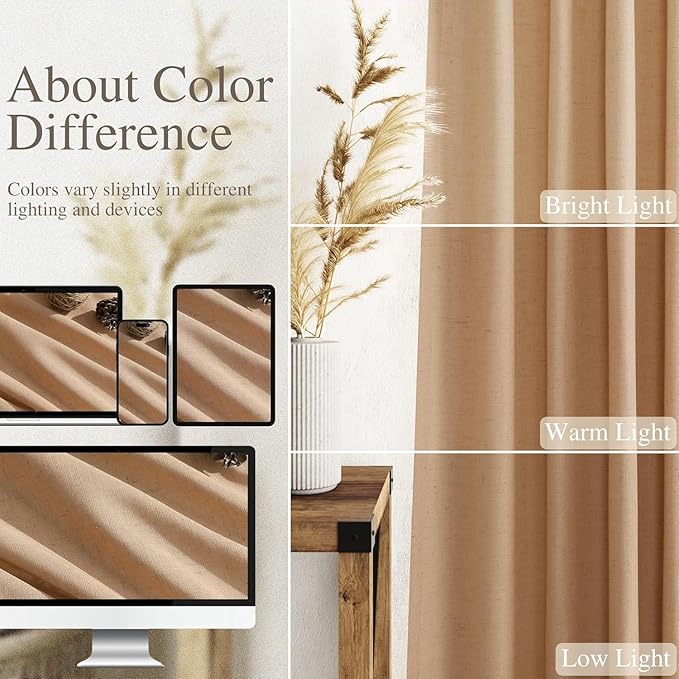 Nanspring Camel Linen Curtains for Living Room 94 Inches Long Back Tab and Rod Pocket Light Filtering Semi Sheer Vintage Rustic Curtain Luxury Boho Decor Drapes for Bedroom Office 52x94, 2 Panels