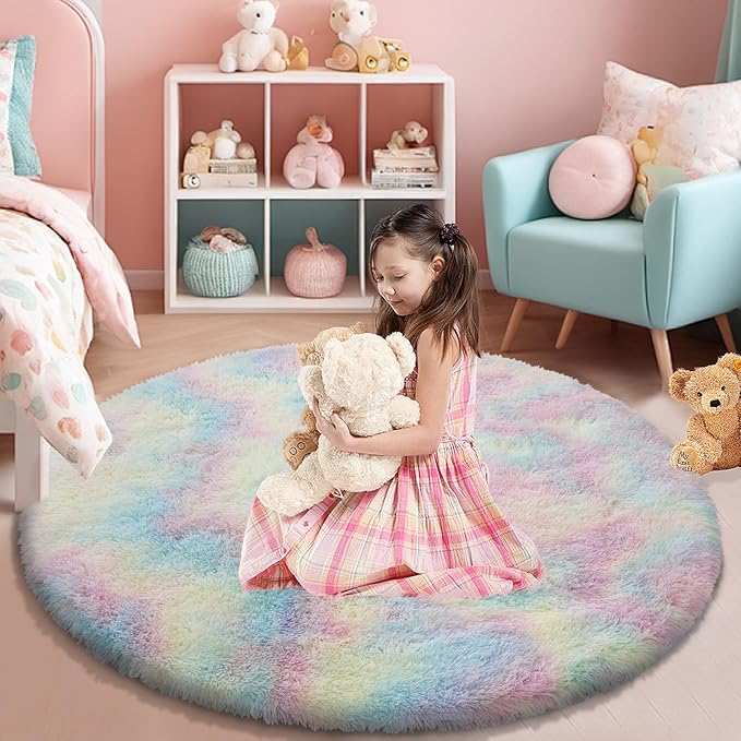 yulidayang Rainbow Fluffy Round Area Rugs for Bedroom,4'X4'Shag Circle Area Rugs for Girls Room,Non Slip Fuzzy Plush Rug for Kids Room Living Room and Dorm Home Decor Rug