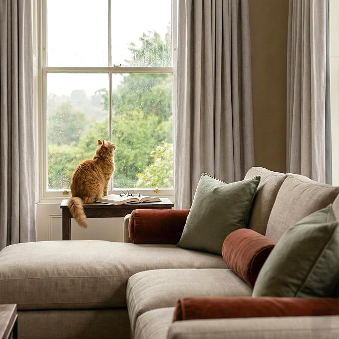 RYB HOME Natural Beige 100% Blackout Linen Curtains for Bedroom 84 inches Long, Thermal Insulated&Privacy Assurd Window Curtains for Living Room Dining Patio Sliding Glass Door, W52 x L84, 2 Panels