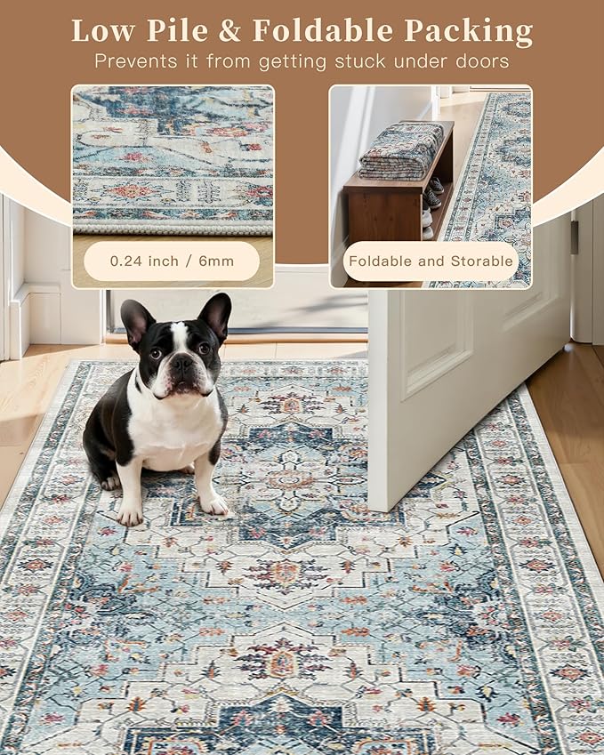 Madane Area Rug 4x6 Washable Rugs: Vintage Living Room Rug Soft Low Pile Non Slip Area Rugs Distressed Indoor Floor Carpet for Bedroom Kitchen Dining Room Home Decor, Blue