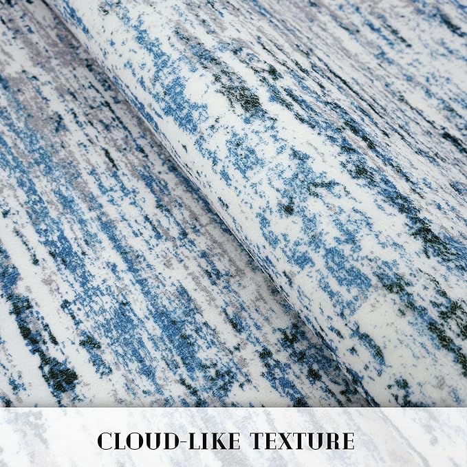 Lansny Modern Abstract 8x10 Large Machine Washable Living Room Rug Non-Slip Soft Bedroom Area Rug Grey Blue White Thin Print Faux Wool Carpet Throw Rugs for Nursery Playroom Dining Room Indoor