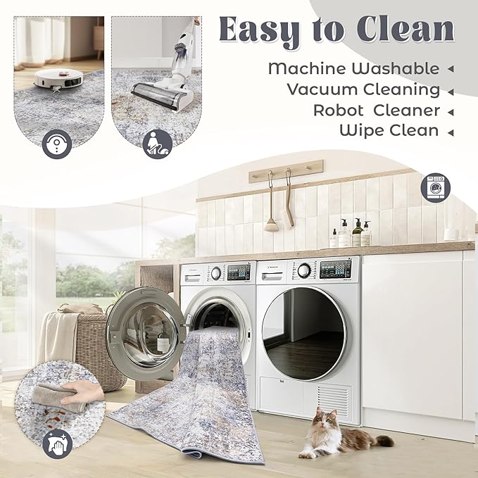 XLUEZ 2x8 Runner Rug for Hallway, Washable Modern Abstract Runner Rugs Neutral Soft Non Slip Kids Rug Stain Resistant Indoor Runners for Entryway Bedroom Kitchen Laundry Room(Bluegrey, 2'x8')