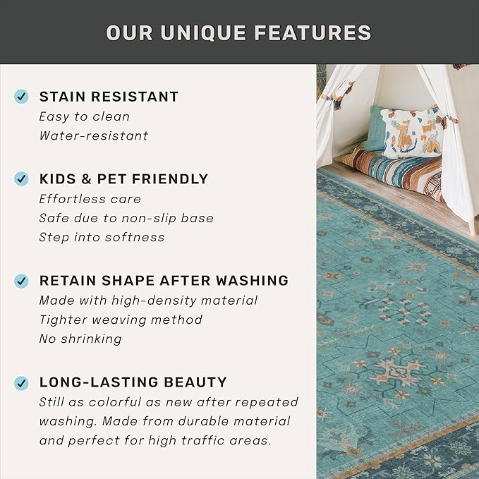 2x3 Washable Teal Rug for Entryway Indoor, Kitchen Floor Waterproof, Bathroom, Powder Room, Non Slip Low Pile Stain & Fade Resistant, Modern Turquoise Aqua Décor