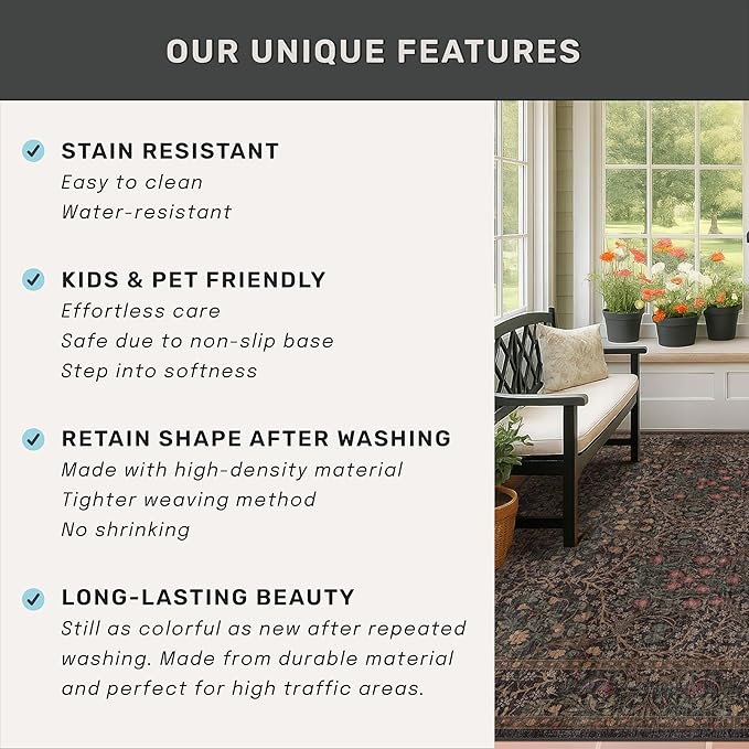 Dark Brown Washable Area Rug for Living Room - 6x9 Oriental Area Rug for Dining Room Under Table, Low Pile Non-Slip Floor Carpet for Bedroom - Vintage Botanical Floral Design & Stain Resistance