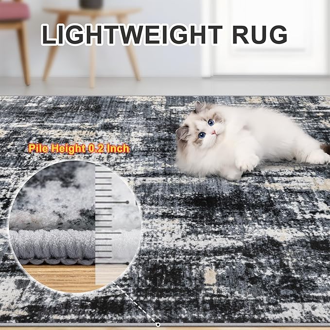 Area Rugs Living Room Rug - 5x7 Washable Modern Abstract Soft Neutral Non-Slip Carpet Large Indoor Floor Thin Carpets for Bedroom Dining Room Farmhouse Nursery Home Office Black Gold