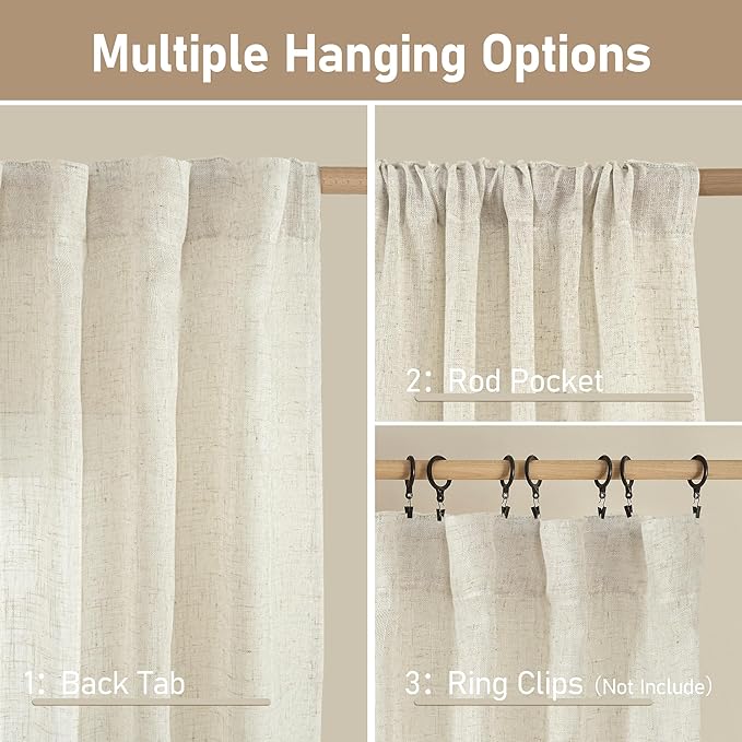 LAMIT Natural Semi Sheer Linen Curtains 60 Inch, Light Filtering Neutral Window Panels Farmhouse Boho Back Tab and Rod Pocket Drapes for Bedroom, Cream Ivory, 2 Panels, 52 x 60 Inch