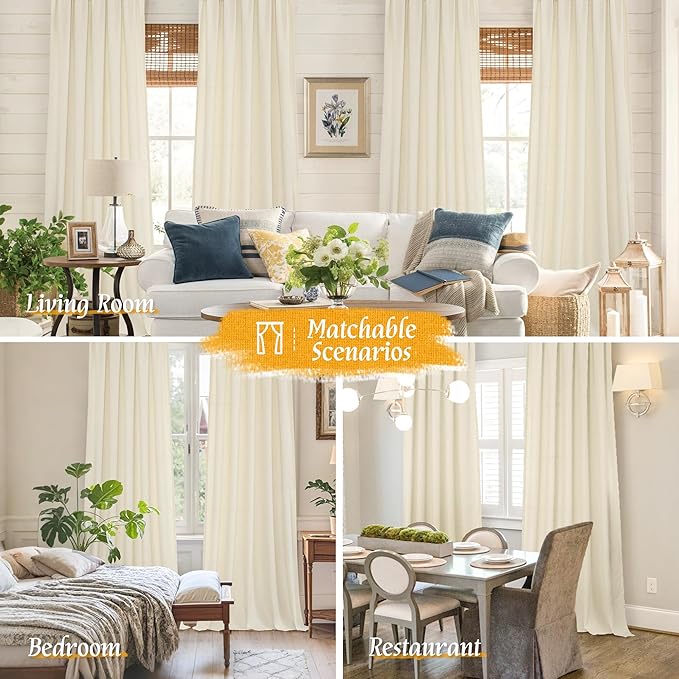 LAMIT Light Beige Linen Textured Curtains 63 inch Length for Bedroom, Soft Semi Sheer Light Filtering Window Treatments Rod Pocket Drapes for Living Room/Small Window, 2 Panels Set, 52 x 63 Inch
