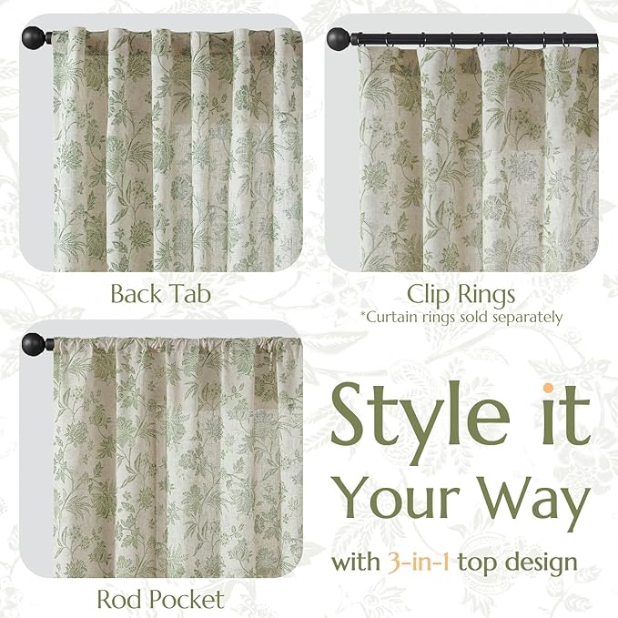 jinchan Linen Floral Curtains for Living Room with Printed Flower 84 Inches Long Light Filtering French Country Back Tab Rod Pocket Sage Green Window Curtain Set Farmhouse Drapes 2 Panels