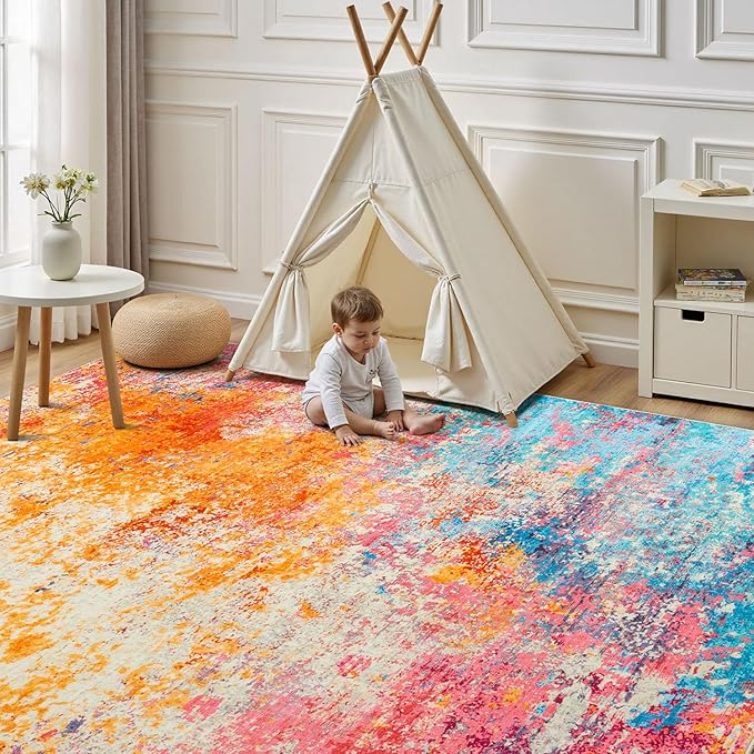 Rugflix 4x6 Area Rugs for Living Room, Washable Large Multicolor Rug Stain-Resistant Low Pile, Modern Carpet for Dining Room Home Office Kid Room Nursery Bedroom, Colorful Rainbow