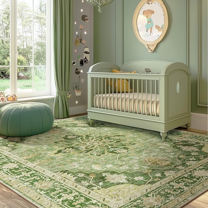 Area Rugs 5'x7' Washable Non-Slip, Floral Vintage Distress Print Pattern Medallion Carpet for Living Room Bedroom Dining Room, Sage Green Yellow