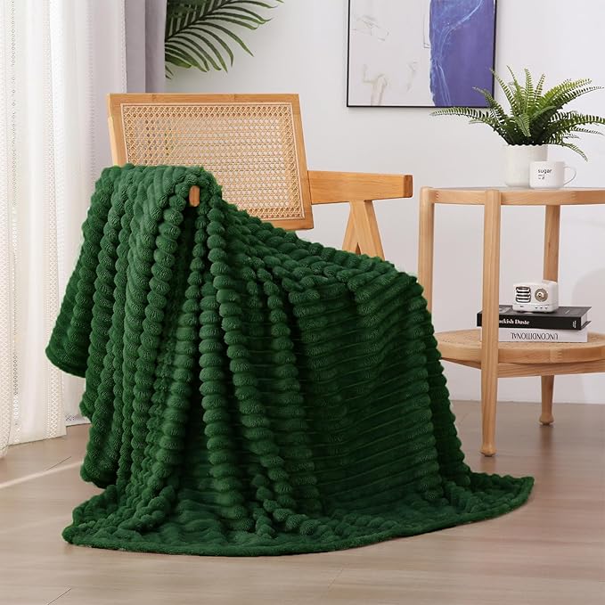 Green Fleece Throw Blanket 90”×90” for Couch Sofa Bed,Super Soft Cozy Plush Microfiber Flannel Blanket with Stripes Design Lightweight for Adults,Woman,Girls