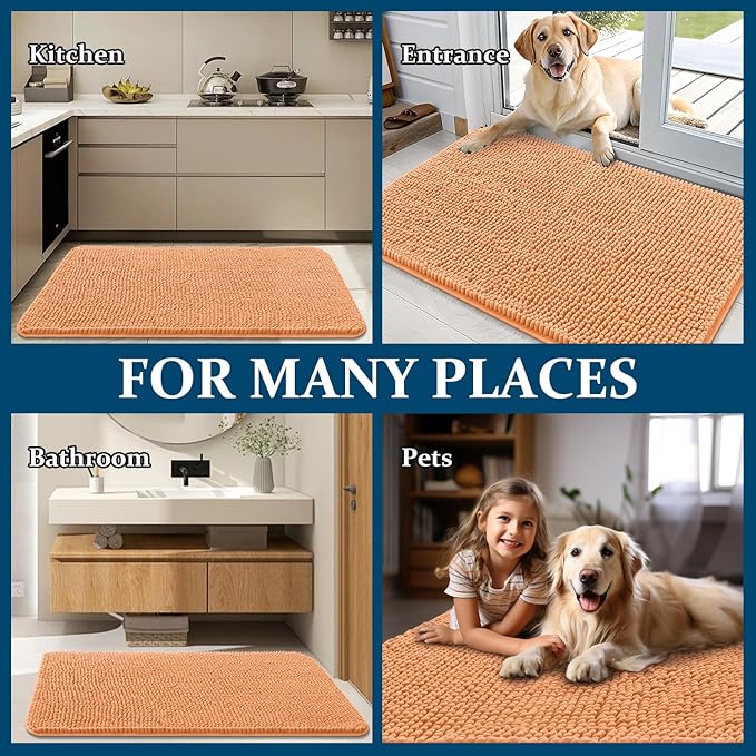 OLANLY Dog Door Mat for Muddy Paws 70x32, Absorbs Moisture and Dirt, Absorbent Non-Slip Washable Doormat, Quick Dry Chenille Mud Mat for Dogs, Entry Indoor Entryway Carpet for Inside Floor, Orange