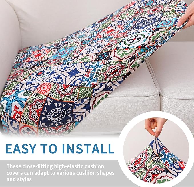 hyha Printed Couch Cushion Covers, Floral Sofa Covers Washable for Cushion Couch, Stretch Pattern Outdoor Cushion Covers for Patio Furniture with Elastic Bottom(Small, Patchwork Moroccan)