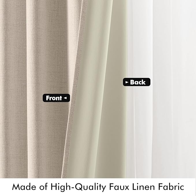 MIULEE 100% Blackout Linen Curtains for Bedroom, Natural Solid Luxury Decor Thermal Insulation Room Darkening Drapes for Living Room Nursery Back Tab Rod Pocket 42 x 84 Inches, 2 Panels